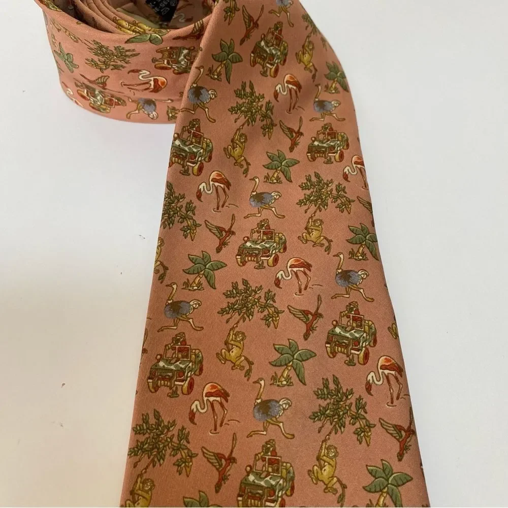FERRAGAMO Vintage Silk Novelty Jungle Safari Monkey Ostrich Print Neck Tie Tan - Picture 3 of 8